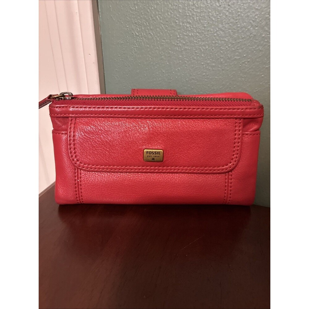 Fossil Emma Wallet Red Soft Pebbled Leather Clutch Vintage